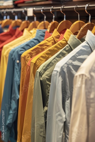Row of shirts hanging on a rack. Suitable for clothing store promotions