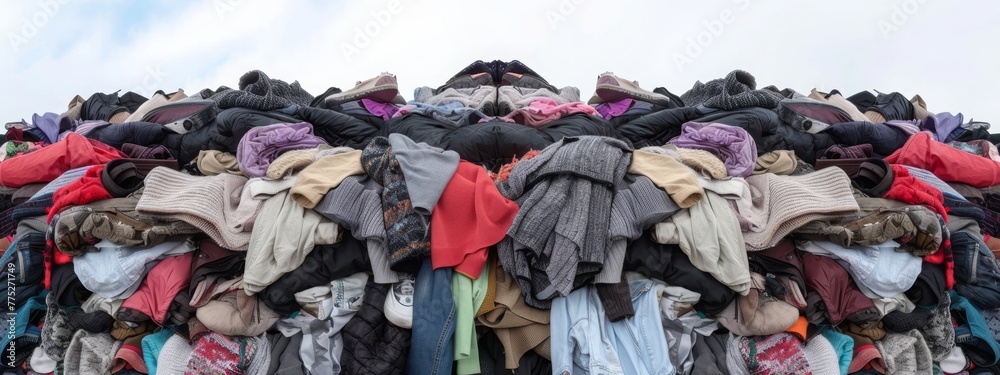 large pile stack of textile fabric clothes and shoes. concept of recycling, up cycling, awareness to global climate change, fashion industry pollution, sustainability, reuse of garment