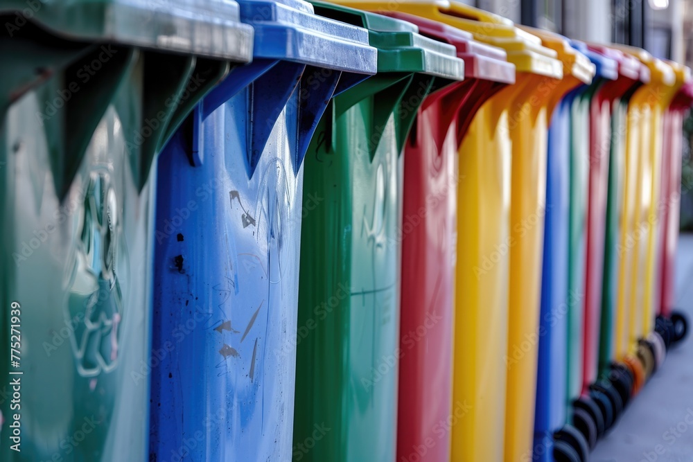 Row of colorful trash cans on a sidewalk, suitable for urban themes