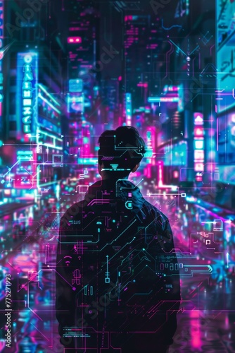 Cyberpunk-style technologies of the future in neon light. Wallpaper background for computer recalms, etc © Daniil