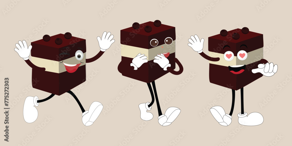 Fototapeta premium Groovy cake sliced cartoon mascot character with smile. Funny retro birthday cake slice in sneakers, confectionery mascot, Graphic element for website