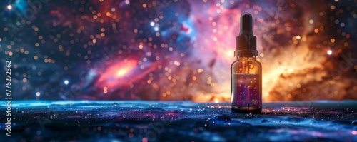 A mystical dropper bottle filled with a sparkling substance, set against a backdrop of dazzling cosmic lights and nebulae, evokes the vastness of the universe.