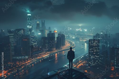 a man standing on a ledge overlooking a river and city
