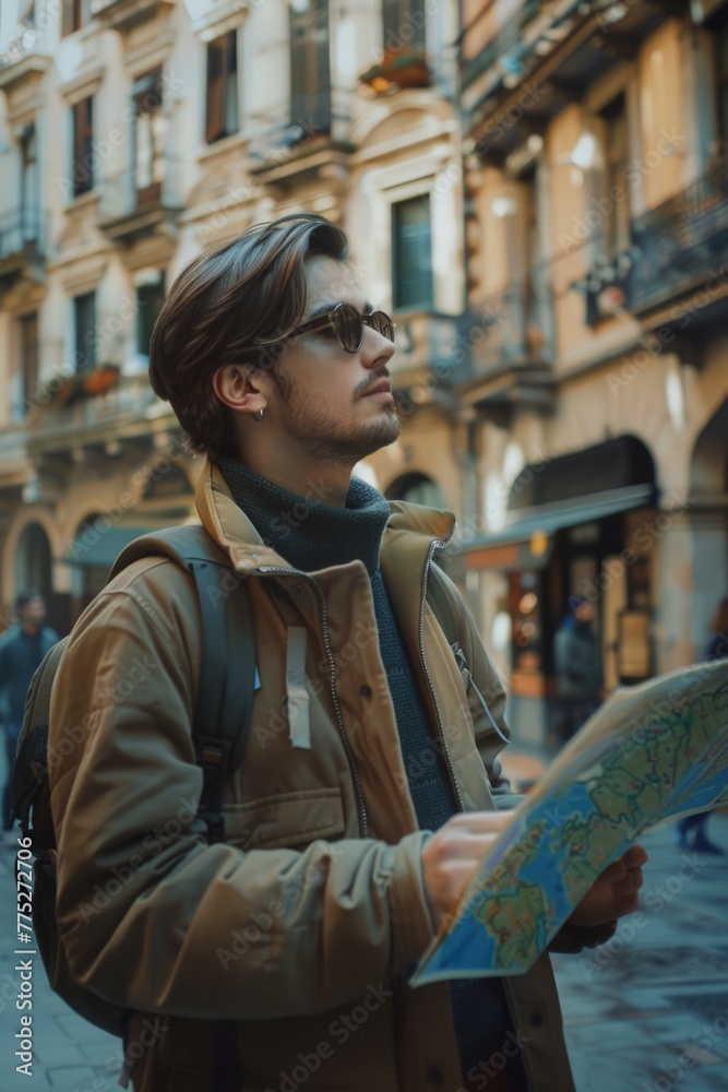 Fototapeta premium A man with a backpack studying a map. Suitable for travel and navigation concepts