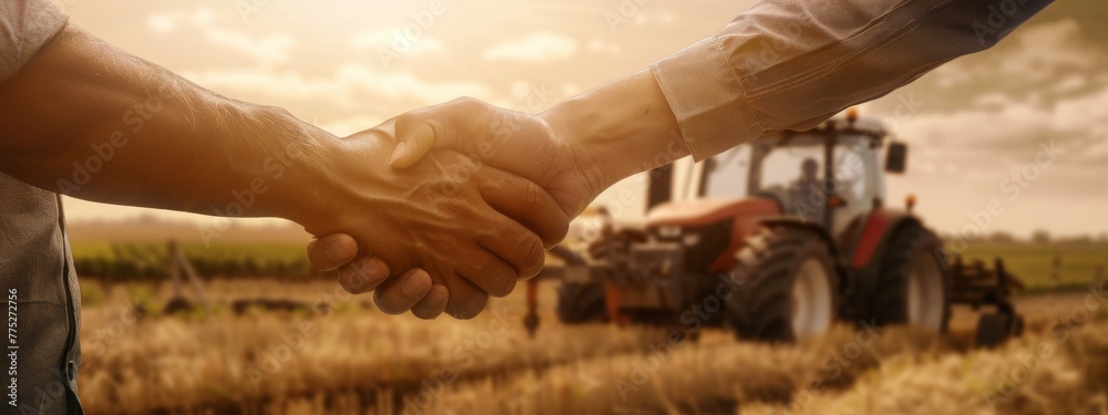 Fototapeta premium agribusiness handshake business deal agreement between businessman and farmer, purchase sell tractor farm machinery equipment, partnership cooperation collaboration in agriculture business 