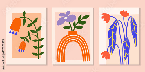 Abstract flower vector poster set. Floral summer wall art. Matisse prints with plant in pot
