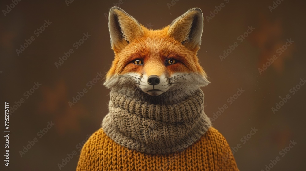 Fototapeta premium A fox wearing a sweater and scarf with its eyes closed, AI