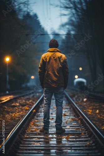 A man is standing alone on train tracks in the darkness of night, seemingly waiting for something or someone. The harsh artificial light from above creates stark shadows on the ground