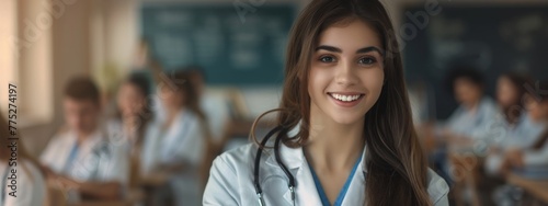 medic student young woman sitting in classroom smiling concept of medical education dentistry cosmetologist health care professional knowledge development in seminar lecture training university school