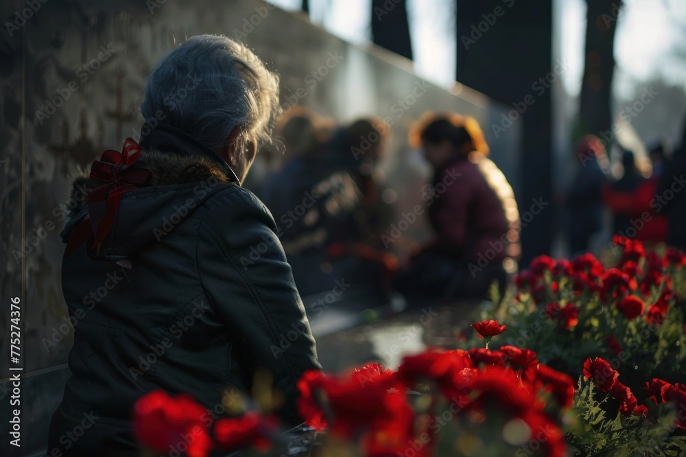 Elderly woman with a red ribbon in her hair observing a memorial with red carnations in the foreground.