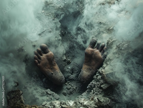 The image captures a person's mud-soaked feet protruding from the misty vapors of a geothermal hot spring, evoking a natural, earthy spa experience. photo