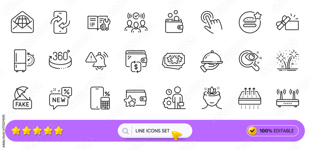 Wallet, Web mail and 360 degrees line icons for web app. Pack of New, Breathable mattress, Phone calculator pictogram icons. Refrigerator timer, Fireworks, Loyalty program signs. Search bar. Vector