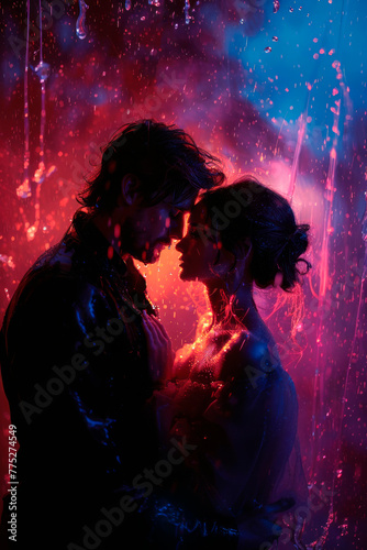 Young couple in love under rain in neon lights, AI generative