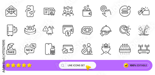 Wallet, Web mail and 360 degrees line icons for web app. Pack of New, Breathable mattress, Phone calculator pictogram icons. Refrigerator timer, Fireworks, Loyalty program signs. Search bar. Vector