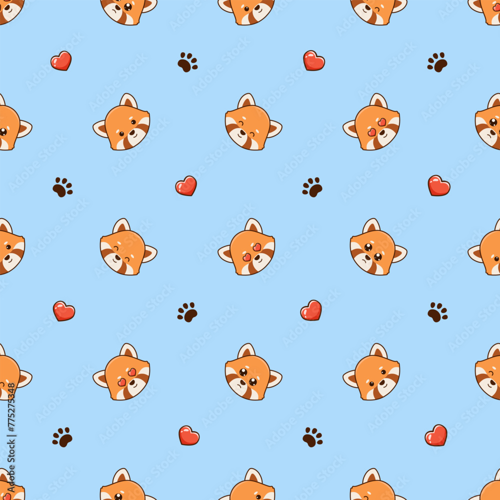 Vector seamless pattern with cute red pandas, hearts love and footprints on blue background