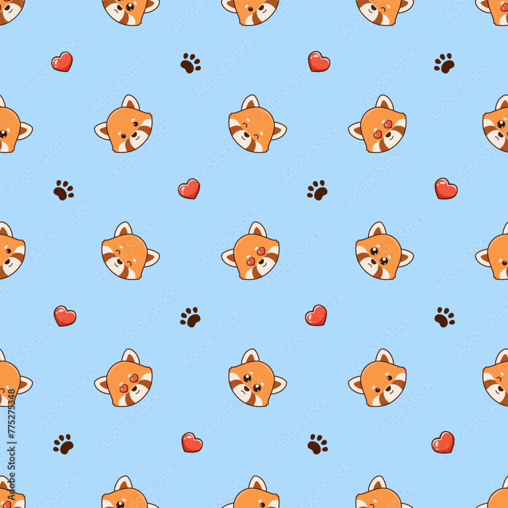Vector seamless pattern with cute red pandas, hearts love and footprints on blue background Vector seamless pattern with cute red pandas, hearts love and footprints on blue background