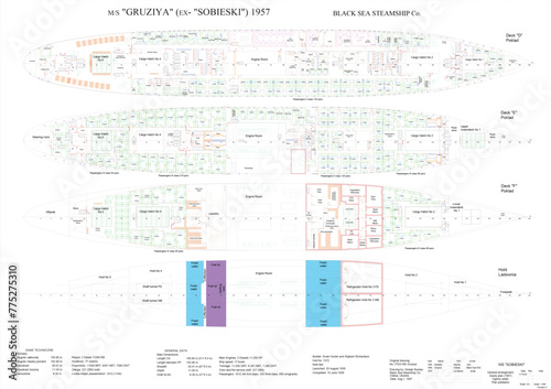 MS "Gruziya" ex-"Sobieski" Poland passenger ship 1939. Deck's plan as converted in 1957. Deck D-F