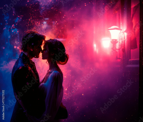 Young couple in love under rain, drops in neon lights, AI generative