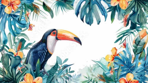 Frame of tropical leaves and toucan. Place for text, advertising and menu. © moviego