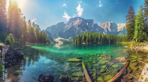 Beautiful lake in the mountains with blue water and green trees panorama, sunny day Generative AI © sean