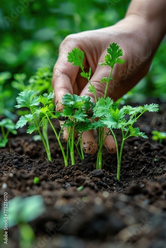 A person holding a small plant in the dirt. Suitable for gardening or environmental concepts