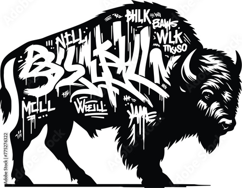 buffalo, bison, animal silhouette in graffiti tag, hip hop, street art typography illustration. 