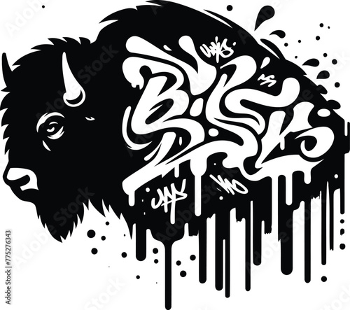 buffalo, bison, animal silhouette in graffiti tag, hip hop, street art typography illustration. 