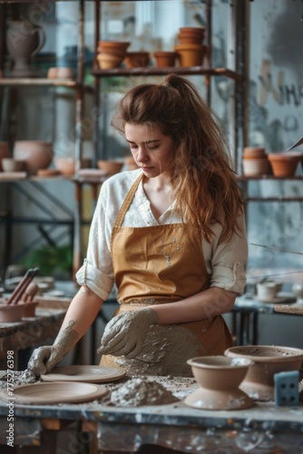 Woman creating a clay vase on a table. Perfect for crafts and DIY projects