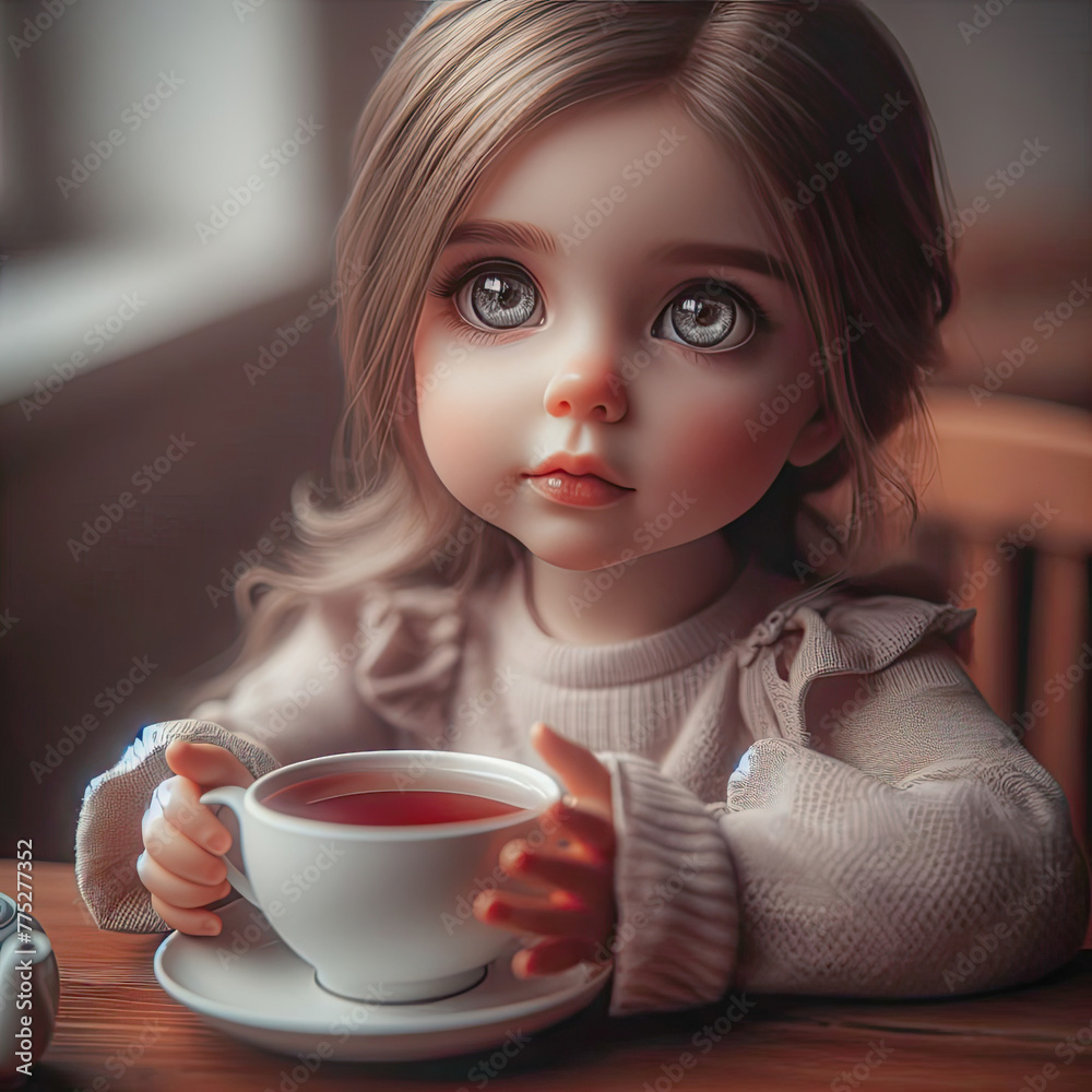 Little girl drinks tea sitting at the table Little girl drinks tea sitting at the table