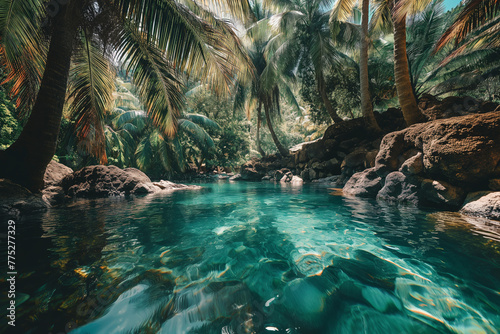 Tropical paradise with crystal-clear water surrounded by lush greenery. photo