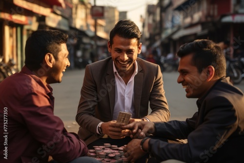 A group of young men engaging in a dice game on a street corner, gambling away what little they have in hopes of striking it rich