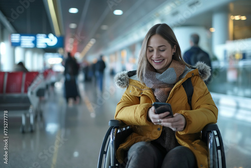 Woman in wheelchair using smartphone at the airport.