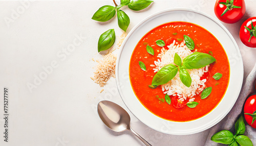 Tomato soup with rice and basil in a white dish, top view.