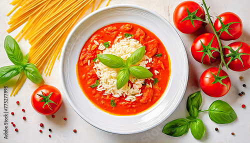 Tomato soup with rice and basil in a white dish, top view.