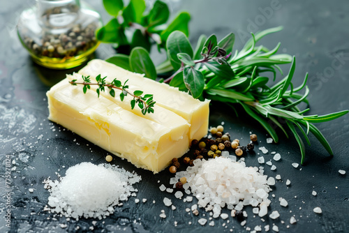 Closeup of garlic creamy butter with salt and greens for sandwiches and steak in a small bowl on a stone background photo