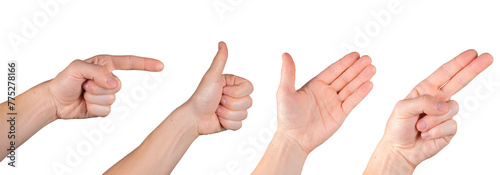 Collection Of Male Hands Showing Different Gestures. Pointing, Thumbs Up, Open Palm, And Two Finger Point