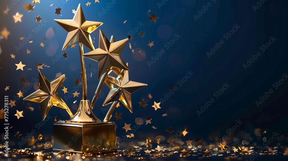 A sophisticated gold winners trophy featuring shooting stars, intended for awarding first place in a competition or championship, set against a dark blue background with ample copy space. - obrazy, fototapety, plakaty 