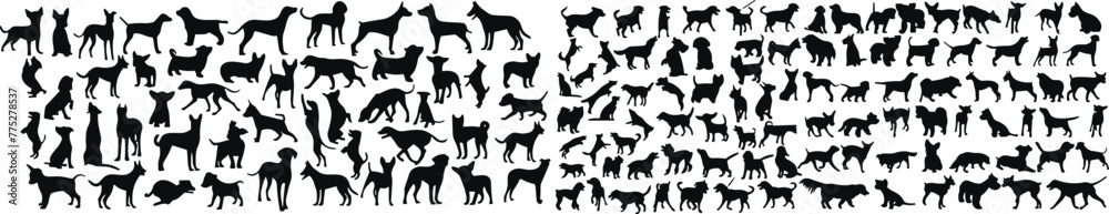 Dogs silhouettes set. puppy characters design collection with flat black color in different poses. Set of funny pet animals