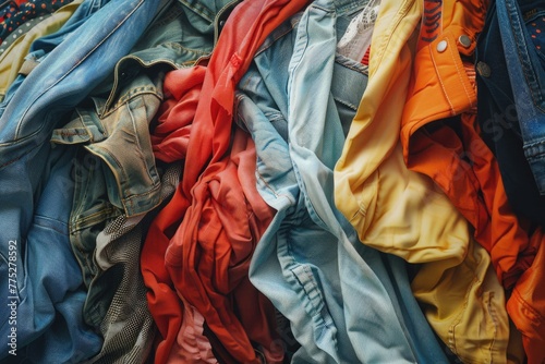 A pile of different colored clothes stacked on top of each other. Ideal for fashion or laundry concepts