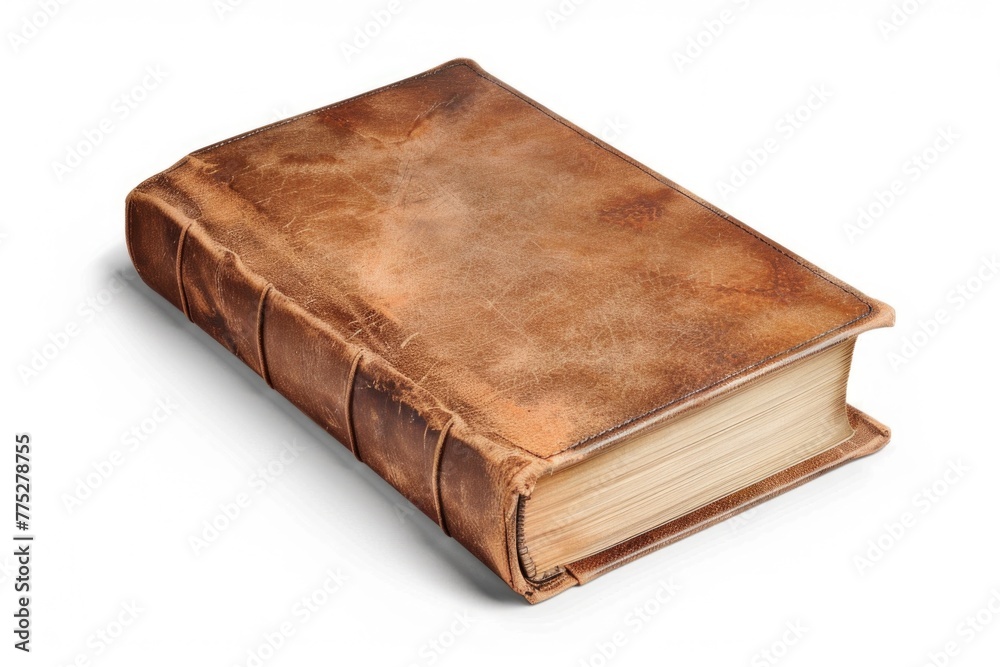 A brown leather book placed on a white surface. Suitable for educational or office themes A brown leather book placed on a white surface. Suitable for educational or office themes