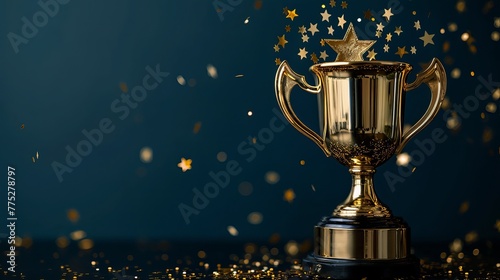 A sophisticated gold winners trophy featuring shooting stars, intended for awarding first place in a competition or championship, set against a dark blue background with ample copy space.