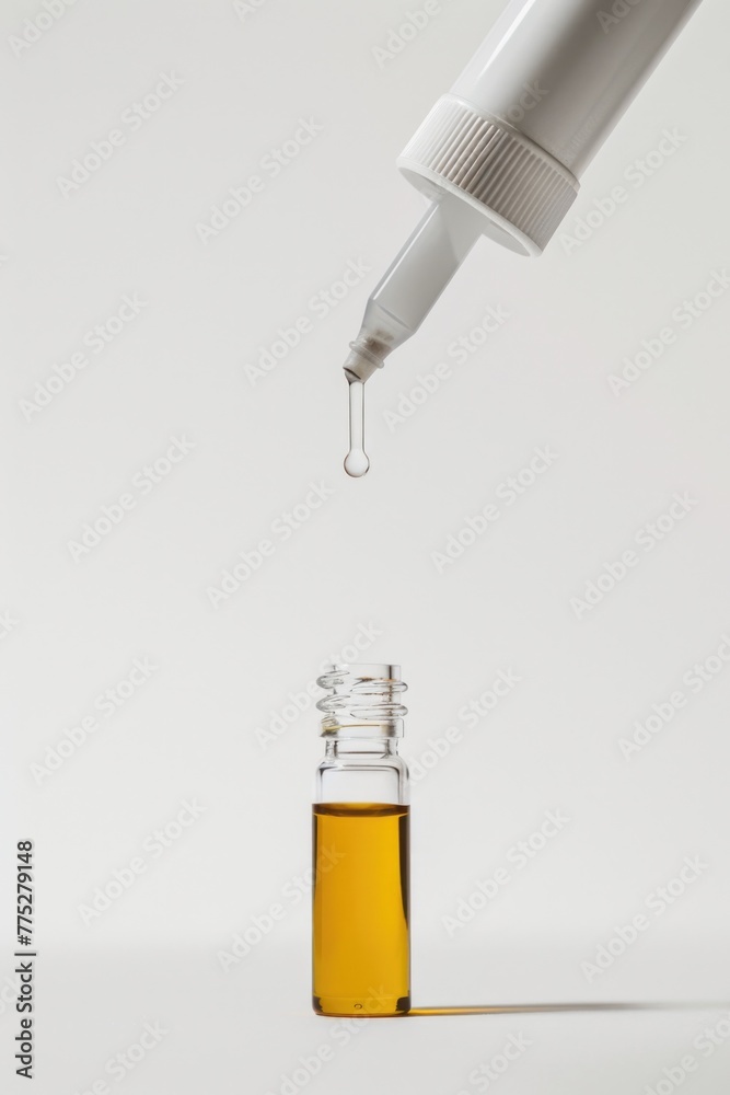 A drop of oil being poured into a bottle. Suitable for cooking or skincare product concepts A drop of oil being poured into a bottle. Suitable for cooking or skincare product concepts