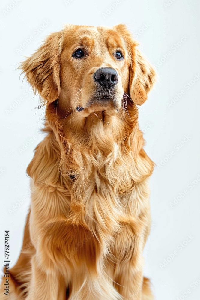 A cute golden retriever sitting calmly on a clean white background. Perfect for pet-related designs and advertisements