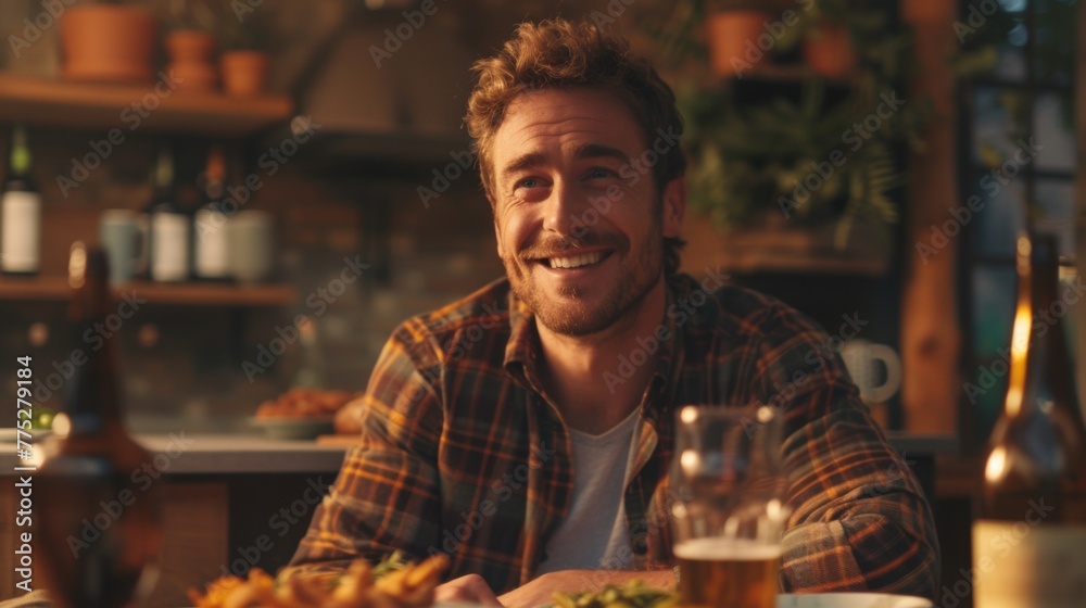 A man smiling while sitting at a table with food and drinks, AI