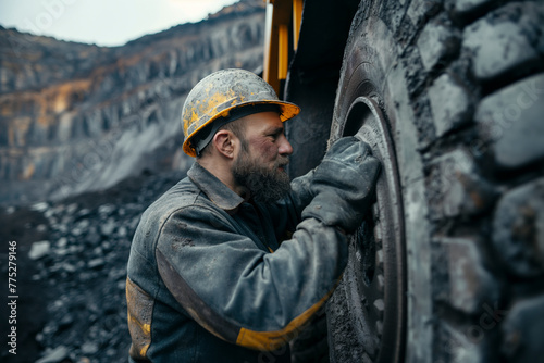 Miner examining a large truck tire at a mining site.