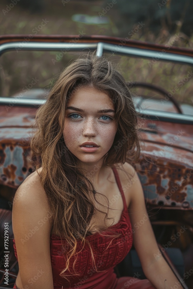A beautiful young woman sitting in the back of a car. Ideal for transportation concept