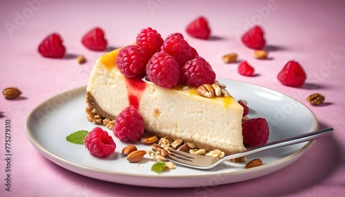 Delicious cheesecake with raspberries and nuts on a plate.