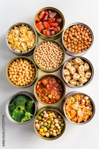 Various types of food stored in metal tins, suitable for food and nutrition concepts