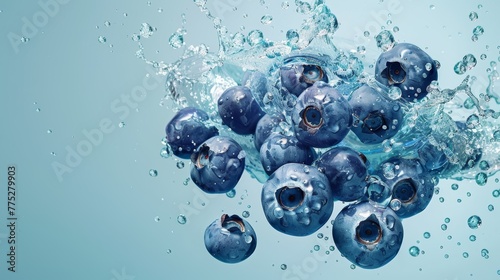 Blueberries plunging into water with air bubbles on blue background