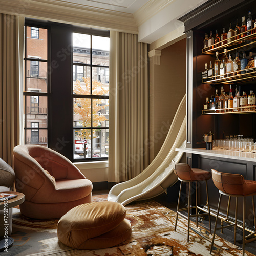 luxurious inn suite with a water slide and a fully stocked bar, window outside